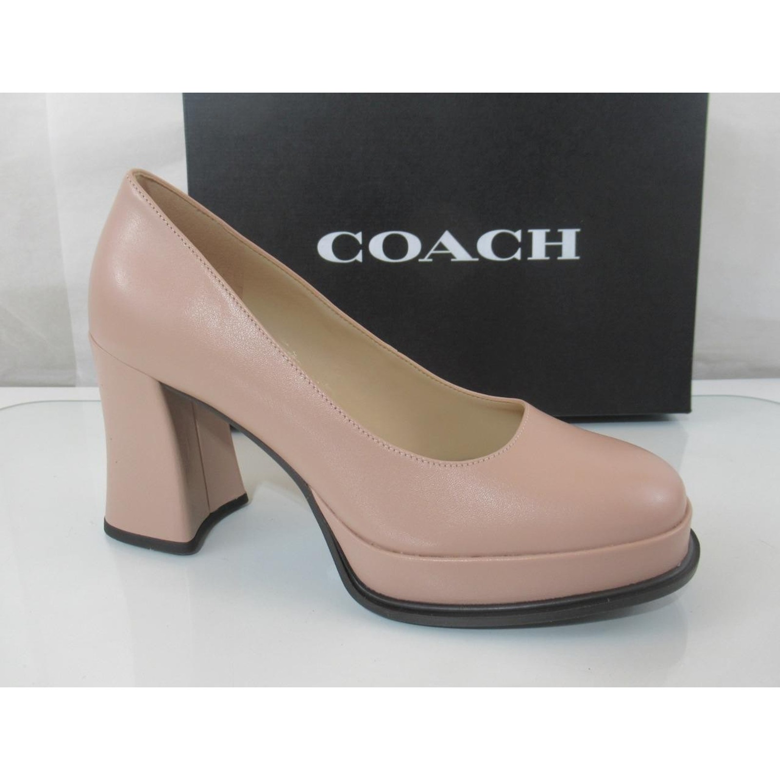 Coach Sculpted C Leather Platform Block Heel Pump Square Toepale Blush Size 8.5